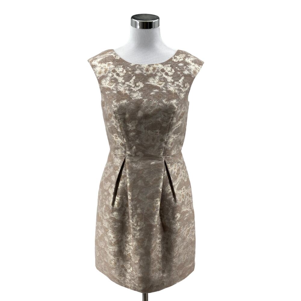 Aidan By Aidan Mattox Sheath Dress Women 6 Beige Metallic Pleated Lined Back Zip